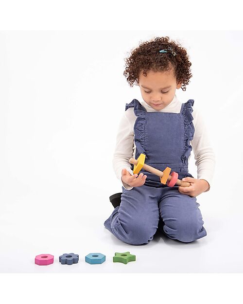tickit Twister - 1 Bullone e 7 Dadi - Arcobaleno - Legno Massello - da 18 Mesi Incastri in Legno