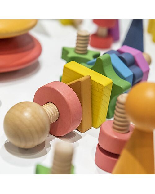 tickit Twister - 1 Bullone e 7 Dadi - Arcobaleno - Legno Massello - da 18 Mesi Incastri in Legno