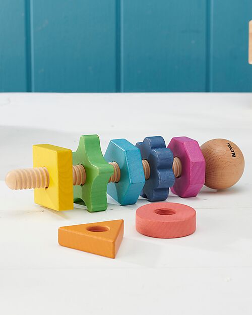 tickit Twister - 1 Bullone e 7 Dadi - Arcobaleno - Legno Massello - da 18 Mesi Incastri in Legno