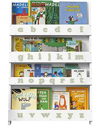 Tidy Books Libreria Montessoriana Frontale per Bambini in Legno - Bianco - Lettere 3D Minuscole Verde Salvia Librerie Montessoriane