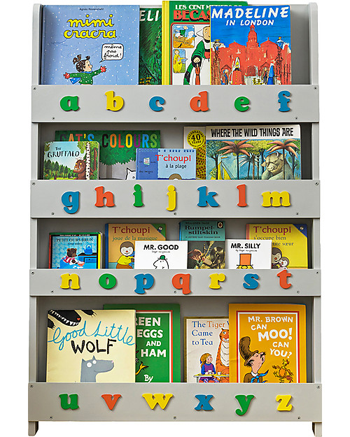 Tidy Books Libreria Montessoriana Frontale per Bambini in Legno - Lettere 3D - Grigio Chiaro Lettere Minuscole Librerie Montessoriane