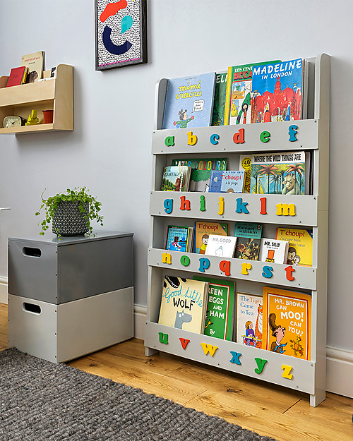 Tidy Books Libreria Montessoriana Frontale per Bambini in Legno - Lettere 3D - Grigio Chiaro Lettere Minuscole Librerie Montessoriane