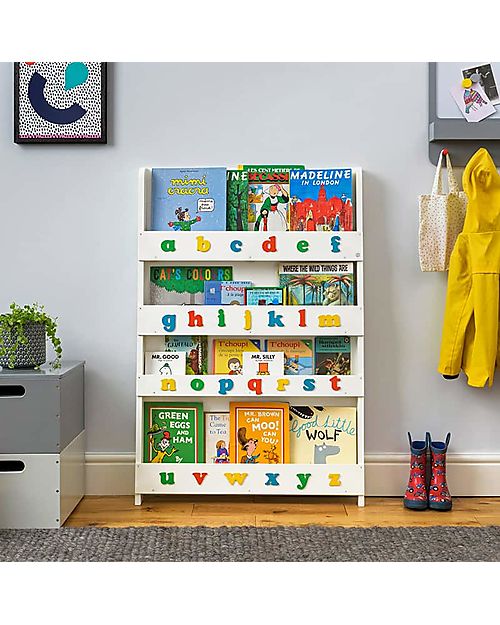 Tidy Books Libreria Montessoriana Frontale per Bambini in Legno - Soft White - Lettere 3D Minuscole Colorate Librerie Montessoriane
