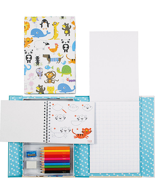 Tiger Tribe Set per Imparare a Disegnare, Animali - Include 2 album, pastelli, gomma e temperino! Disegnare e Colorare