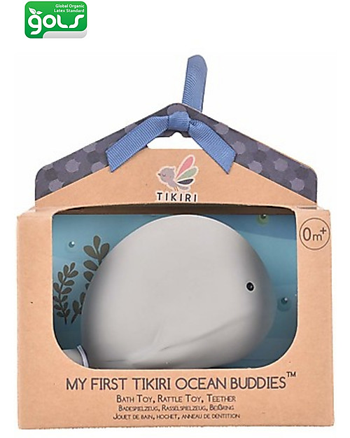Tikiri 3-in-1 Sonaglio Balena, Massaggiagengive, Gioco da Bagno, Ocean Buddies, Confezione Regalo - 100% Caucciù Naturale Giochi Bagno