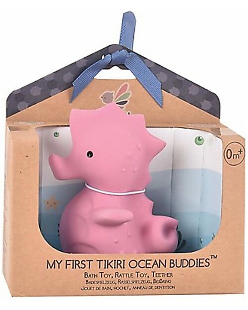 Tikiri 3-in-1 Sonaglio Cavalluccio Marino, Massaggiagengive, Gioco da Bagno, Ocean Buddies, Confezione Regalo - 100% Caucciù Naturale Giochi Bagno