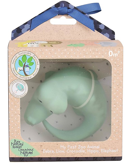 Tikiri 3-in-1 Sonaglio Coccodrillo, Massaggiagengive, Gioco da Bagno, My First Zoo - Confezione Regalo - 100% Caucciù Naturale Giochi Bagno