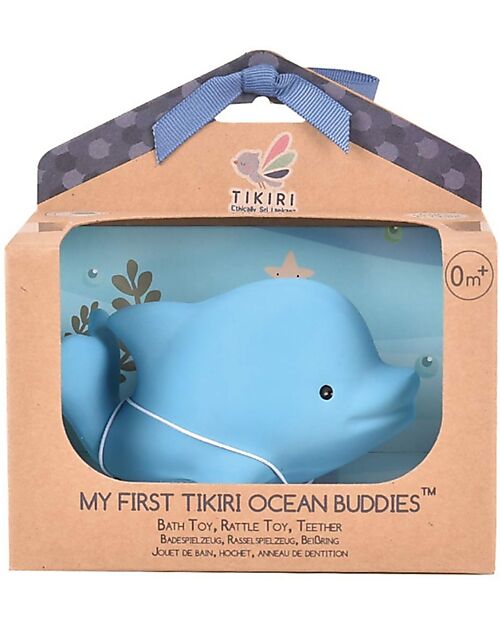 Tikiri 3-in-1 Sonaglio Delfino, Massaggiagengive, Gioco da Bagno, Ocean Buddies, Confezione Regalo - 100% Caucciù Naturale Giochi Bagno