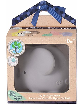 Tikiri 3-in-1 Sonaglio Elefante, Massaggiagengive, Gioco da Bagno, My First Zoo - Confezione Regalo - 100% Caucciù Naturale Sonagli