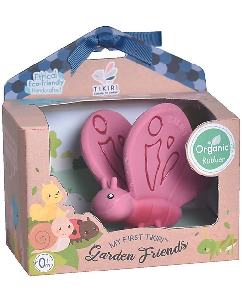 Tikiri 3-in-1 Sonaglio Farfalla -  Massaggiagengive - Gioco da Bagno - Garden Animals - 100% Caucciù Naturale Giochi Bagno