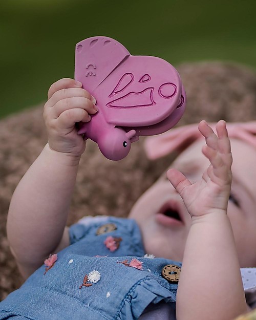 Tikiri 3-in-1 Sonaglio Farfalla -  Massaggiagengive - Gioco da Bagno - Garden Animals - 100% Caucciù Naturale Giochi Bagno