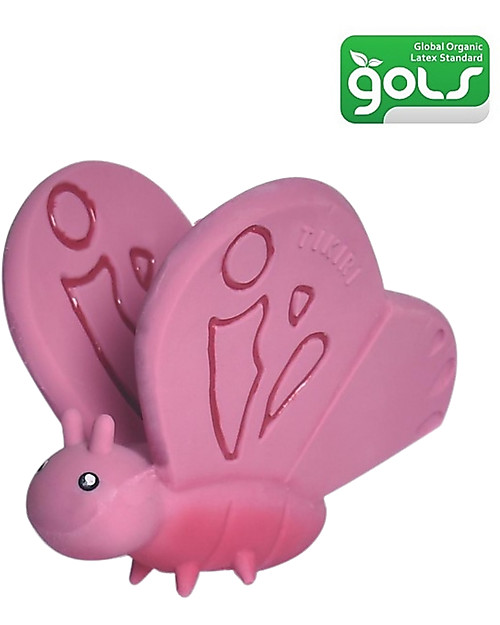 Tikiri 3-in-1 Sonaglio Farfalla -  Massaggiagengive - Gioco da Bagno - Garden Animals - 100% Caucciù Naturale Giochi Bagno