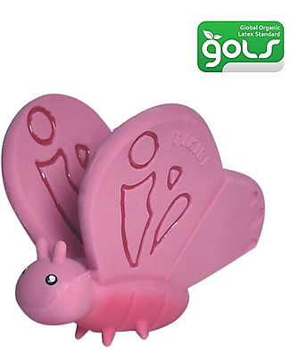 Tikiri 3-in-1 Sonaglio Farfalla - Massaggiagengive - Gioco da Bagno - Garden Animals - 100% Caucciù Naturale Giochi Bagno