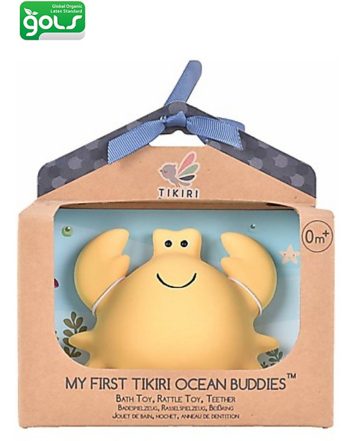 Tikiri 3-in-1 Sonaglio Granchio, Massaggiagengive, Gioco da Bagno, Ocean Buddies, Confezione Regalo - 100% Caucciù Naturale Giochi Bagno