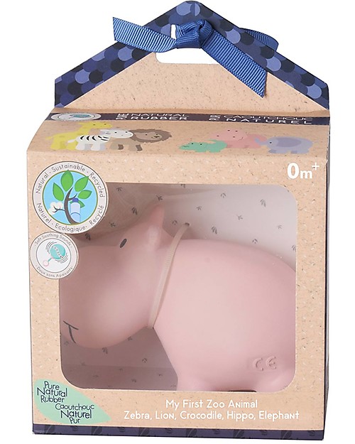 Tikiri 3-in-1 Sonaglio Ippopotamo, Massaggiagengive, Gioco da Bagno, My First Zoo - Confezione Regalo - 100% Caucciù Naturale Giochi Bagno
