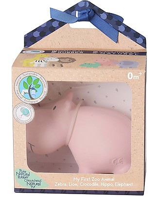 Tikiri 3-in-1 Sonaglio Ippopotamo, Massaggiagengive, Gioco da Bagno, My First Zoo - Confezione Regalo - 100% Caucciù Naturale Giochi Bagno