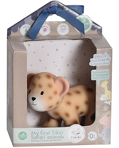 Tikiri 3-in-1 Sonaglio Leopardo, Massaggiagengive, Gioco da Bagno, My First Zoo - Confezione Regalo - 100% Caucciù Naturale Massaggiagengive