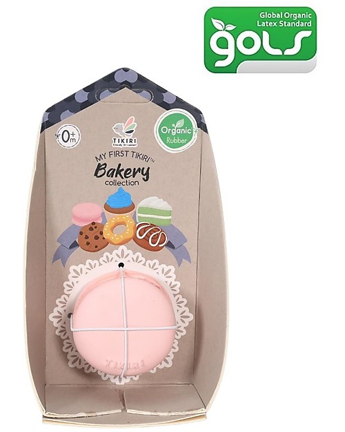 Tikiri 3-in-1 Sonaglio Macaroon  -  Massaggiagengive - Gioco da Bagno - Bakery Items - 100% Caucciù Naturale Massaggiagengive