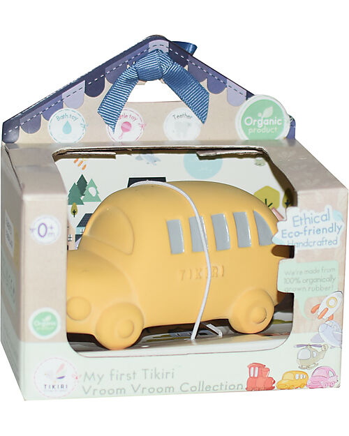 Tikiri 3-in-1 Sonaglio - Massaggiagengive - Gioco da Bagno - Bus - Vroom Vroom Friends - Confezione Regalo - 100% Caucciù Naturale Giochi Bagno
