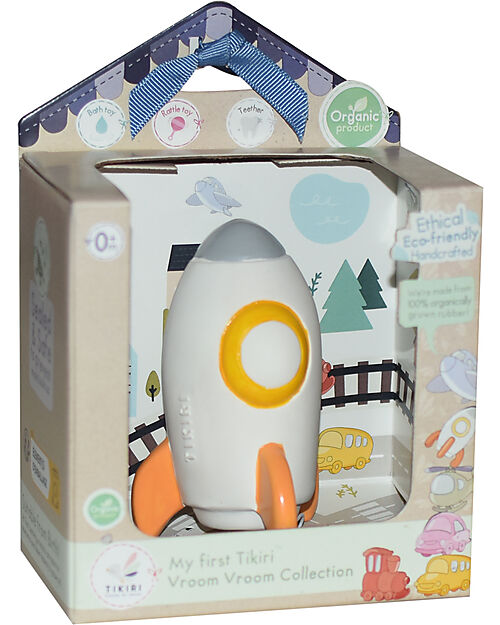 Tikiri 3-in-1 Sonaglio - Massaggiagengive - Gioco da Bagno - Razzo - Vroom Vroom Friends - Confezione Regalo - 100% Caucciù Naturale Giochi Bagno