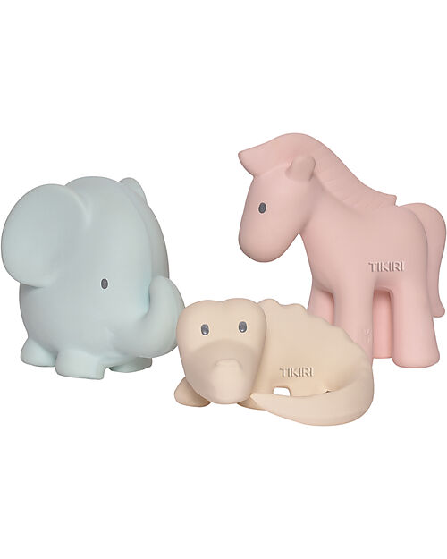 Tikiri 3-in-1 Sonaglio - Massaggiagengive - Gioco da Bagno - Set 3 pz - My First Safari - 100% Caucciù Naturale Giochi Bagno