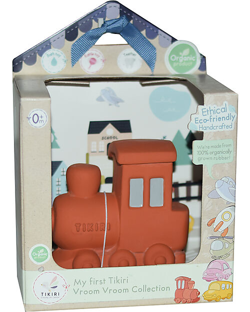 Tikiri 3-in-1 Sonaglio - Massaggiagengive - Gioco da Bagno - Treno - Vroom Vroom Friends - Confezione Regalo - 100% Caucciù Naturale Giochi Bagno