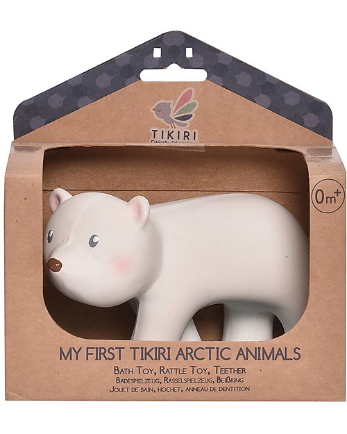Tikiri 3-in-1 Sonaglio Orso Polare - Massaggiagengive - Gioco da Bagno - My First Arctic Animals - Confezione Regalo - 100% Caucciù Naturale Giochi Bagno