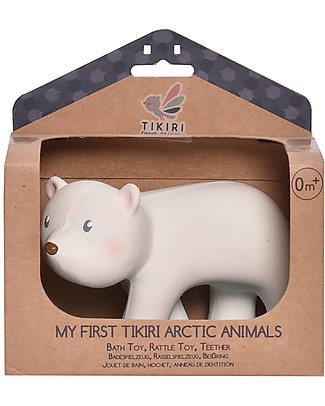 Tikiri 3-in-1 Sonaglio Orso Polare - Massaggiagengive - Gioco da Bagno - My First Farm - Confezione Regalo - 100% Caucciù Naturale Massaggiagengive