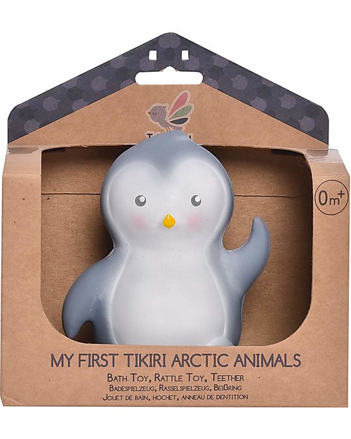 Tikiri 3-in-1 Sonaglio Pinguino, Massaggiagengive, Gioco da Bagno, My First Arctic Animals - 100% Caucciù Naturale Giochi Bagno