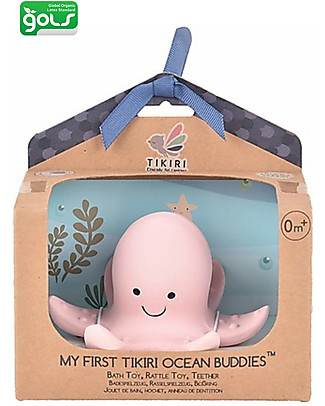 Tikiri 3-in-1 Sonaglio Polpo, Massaggiagengive, Gioco da Bagno, Ocean Buddies, Confezione Regalo - 100% Caucciù Naturale Giochi Bagno