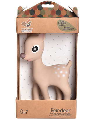 Tikiri 3-in-1 Sonaglio Ralphie la Renna, Massaggiagengive, Gioco da Bagno - 100% Caucciù Naturale Giochi Bagno