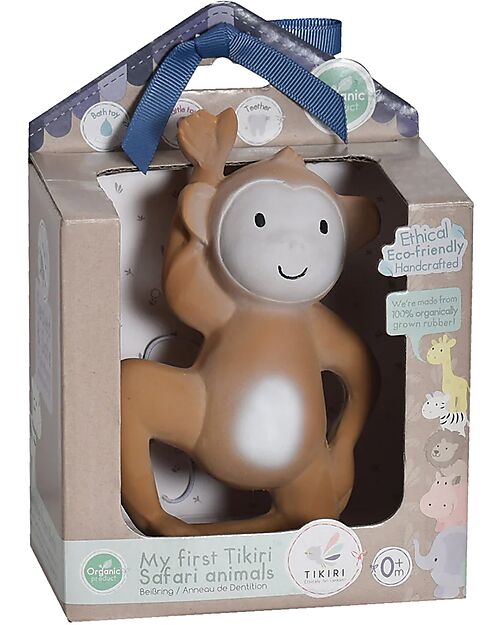 Tikiri 3-in-1 Sonaglio Scimmia, Massaggiagengive, Gioco da Bagno, My First Zoo - Confezione Regalo - 100% Caucciù Naturale Massaggiagengive