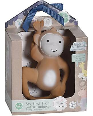 Tikiri 3-in-1 Sonaglio Scimmia, Massaggiagengive, Gioco da Bagno, My First Zoo - Confezione Regalo - 100% Caucciù Naturale Massaggiagengive