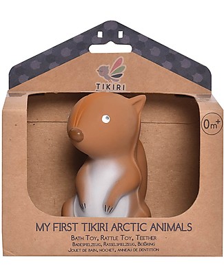 Tikiri 3-in-1 Sonaglio Scoiattolo, Massaggiagengive, Gioco da Bagno, My First Arctic Animals - 100% Caucciù Naturale Giochi Bagno