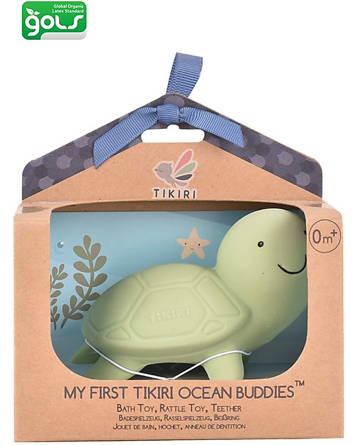 Tikiri 3-in-1 Sonaglio Tartaruga, Massaggiagengive, Gioco da Bagno, Ocean Buddies, Confezione Regalo - 100% Caucciù Naturale Giochi Bagno