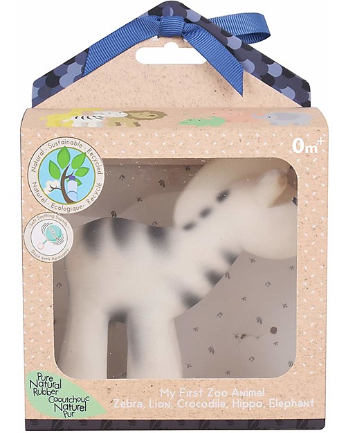 Tikiri 3-in-1 Sonaglio Zebra, Massaggiagengive, Gioco da Bagno,, My First Zoo - Confezione Regalo - 100% Caucciù Naturale Giochi Bagno