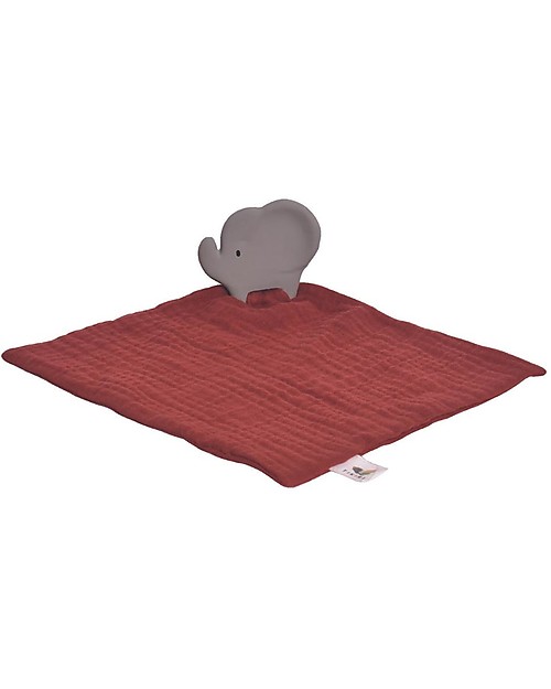 Tikiri DouDou Massaggiagengive Elefante - Barn Red -Caucciù Naturale e Cotone Bio Doudou