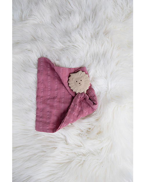 Tikiri DouDou Massaggiagengive Leone, Rosa - Caucciù Naturale e Cotone Bio Doudou