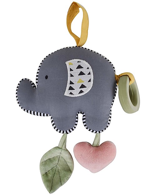 Tikiri Gioco Multisensoriale, Elefantino - Vibra tirando la Cordicella! - Cotone Bio Sonagli