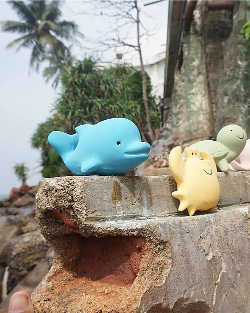 Tikiri Ocean Buddies - Delfino - 3-in-1 Sonaglio, Massaggiagengive, Gioco da Bagno - 100% Caucciù Naturale Giochi Bagno