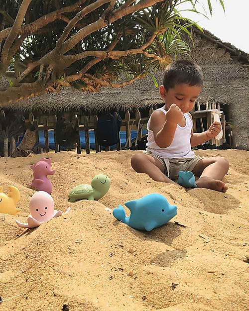 Tikiri Ocean Buddies - Delfino - 3-in-1 Sonaglio, Massaggiagengive, Gioco da Bagno - 100% Caucciù Naturale Giochi Bagno