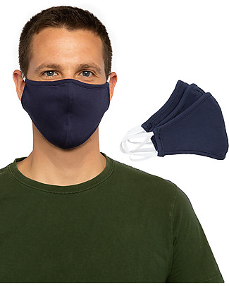 Tikiri Pacco da 3 Mascherine Lavabili per Adulti/11+ Anni - Blu - 3 Strati - Filtraggio oltre 95% - 100% Cotone certificato Oeko-Tex Mascherine di Protezione Individuale