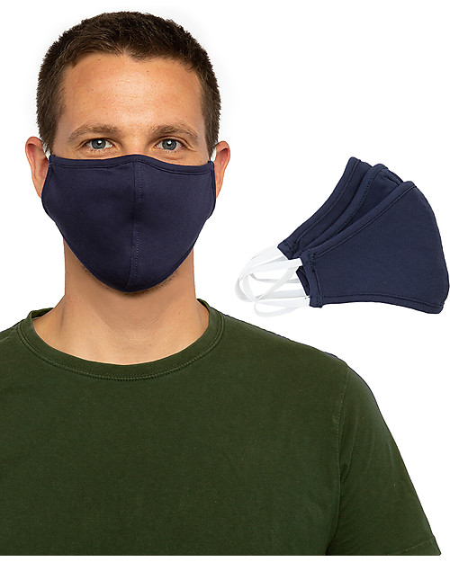 Tikiri Pacco da 3 Mascherine Lavabili per Adulti/11+ Anni - Blu - 3 Strati - Filtraggio oltre 95% - 100% Cotone certificato Oeko-Tex Mascherine Protettive_