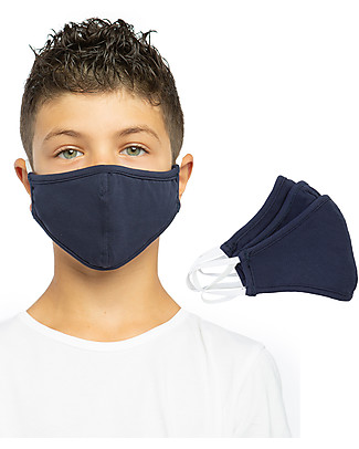 Tikiri Pacco da 3 Mascherine Lavabili per Bambini 6-11 anni - Blu - 3 Strati - Filtraggio oltre 95% - 100% Cotone certificato Oeko-Tex Mascherine di Protezione Individuale