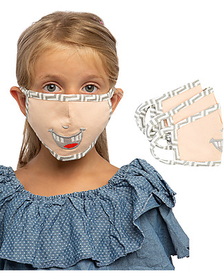 Tikiri Pacco da 3 Mascherine Lavabili per Bambini - Denti Soridenti - 3 Strati - Filtraggio oltre 95% - 100% Cotone certificato Oeko-Tex Mascherine di Protezione Individuale_