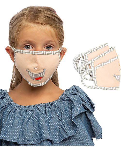 Tikiri Pacco da 3 Mascherine Lavabili per Bambini - Denti Soridenti - 3 Strati - Filtraggio oltre 95% - 100% Cotone certificato Oeko-Tex Mascherine Protettive_