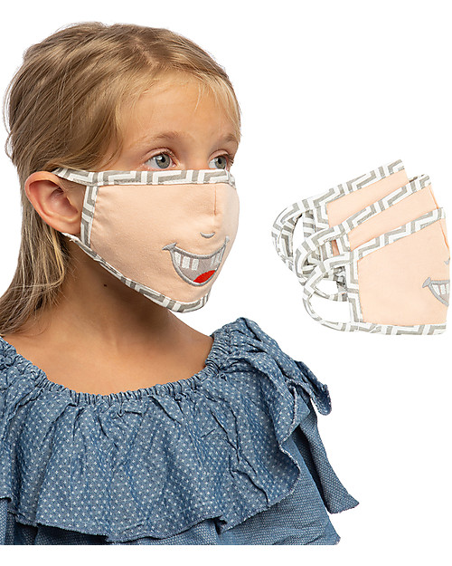 Tikiri Pacco da 3 Mascherine Lavabili per Bambini - Denti Soridenti - 3 Strati - Filtraggio oltre 95% - 100% Cotone certificato Oeko-Tex Mascherine Protettive_