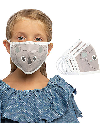 Tikiri Pacco da 3 Mascherine Lavabili per Bambini - Koala - 3 Strati - Filtraggio oltre 95% - 100% Cotone certificato Oeko-Tex Mascherine di Protezione Individuale_
