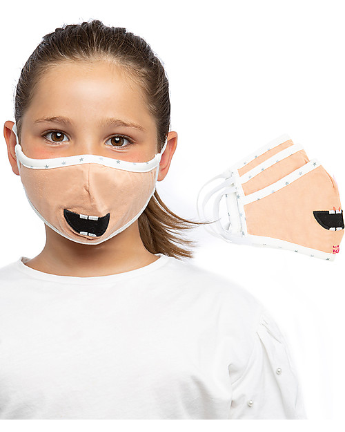Tikiri Pacco da 3 Mascherine Lavabili per Bambini - Orso - 3 Strati - Filtraggio oltre 95% - 100% Cotone certificato Oeko-Tex Mascherine Protettive_