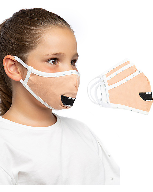 Tikiri Pacco da 3 Mascherine Lavabili per Bambini - Orso - 3 Strati - Filtraggio oltre 95% - 100% Cotone certificato Oeko-Tex Mascherine Protettive_